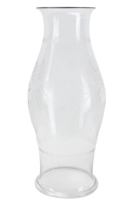 Large Etched Glass Candle Hurricane Grape Motif: Large Etched and Frosted Glass Candle Hurricane with Grape and Grape Leaf Motif. Measures 23 inches x 10 inches in diameter.