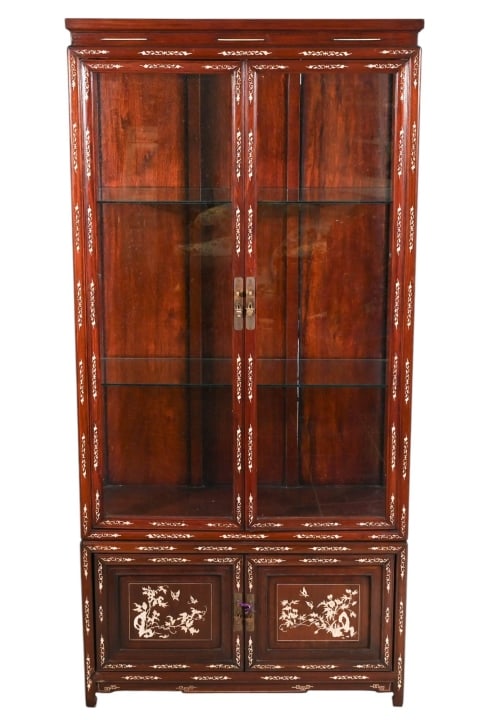 Chinese Rosewood and Bone Inlaid Bookcase: Chinese Rosewood and Bone Inlaid Bookcase / Display Cabinet.Measures 68 inches x 32 inches x 14 inches.