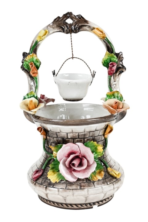 Vintage Capodimonte Porcelain Basket w Flowers: Vintage Capodimonte Porcelain Basket w Flowers. Measures 18 inches x 10 inches x 9 inches.