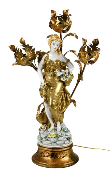 Vintage Italy Porcelain & Tole Capodimonte Lamp: Vintage Italy 32 Inch Hand Painted Porcelain & Tole Capodimonte Figural Table Lamp. Measures 32 inches x 19 inches x 11 inches.