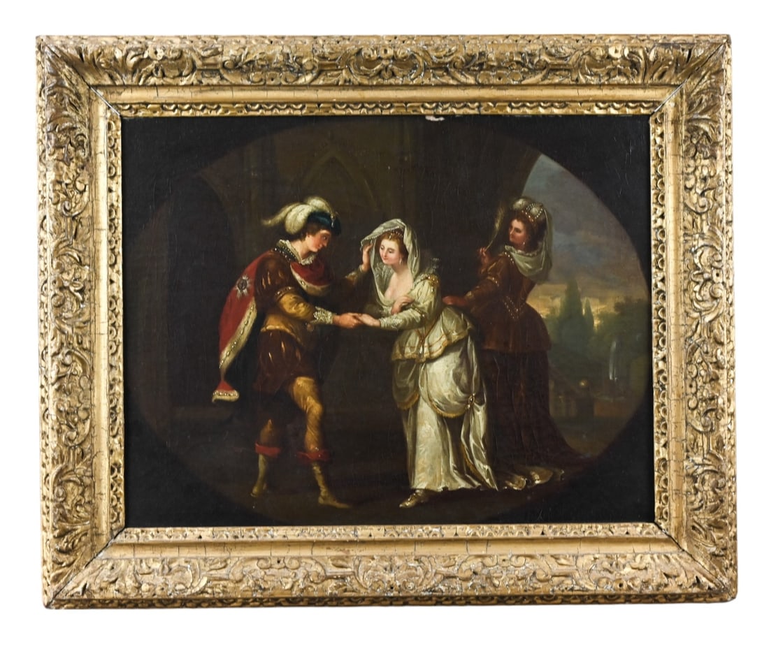 19C In the Style Jan Steen Oil Painting Courtship: Antique 19th Century In the Style of Jan Steen Oil Painting of Courtship Scene In Period Frame. Evidence of craquelure and minor paint loss. Framed measures 18 inches x 23 inches, measures 13 inches x