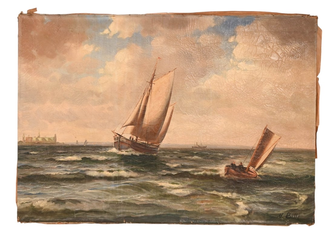 Vilhelm Victor Bille Signed Oil Painting of Ships