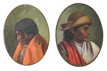2 Latin America Folk Art Portrait Paintings Copper