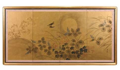Japanese Framed 4 Panel Hand Painted Screen Signed