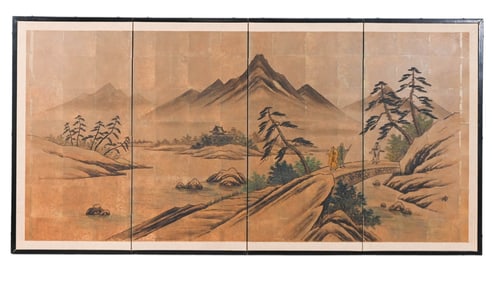 Japanese Hand Painted 4 Panel Screen Mountains