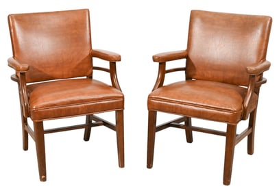 Pair Custom Leather Upholstered Arm Chairs