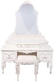 Antique Hand Carved Victorian White Vanity & Stool
