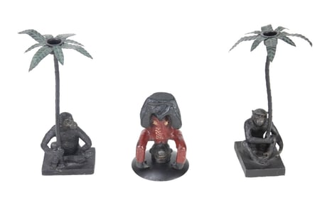 Monkey & Palm Tree Cast Iron Candlesticks & Votive