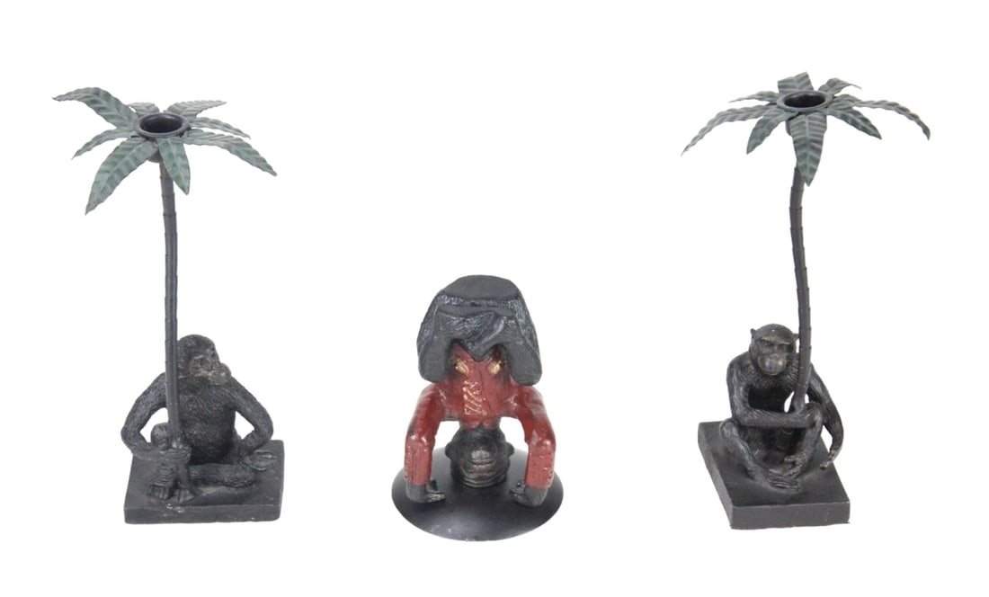 Monkey & Palm Tree Cast Iron Candlesticks & Votive (1 of 11)