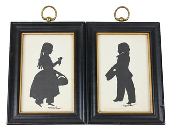 2 Antique Silhouette Framed Prints Boy & Girl