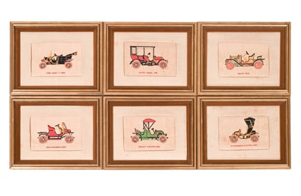 6 Framed Vintage Needlepoint Antique Cars Pictures