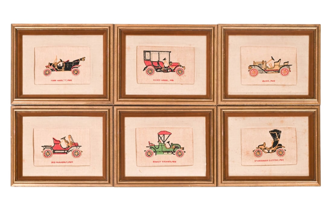 6 Framed Vintage Needlepoint Antique Cars Pictures (1 of 14)