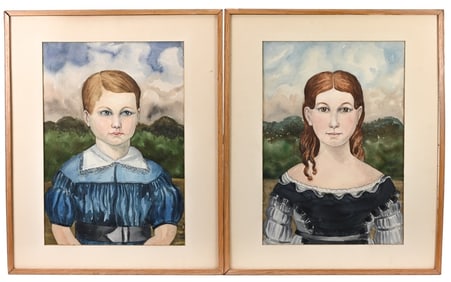 Pair Folk Art Style Watercolor Portraits Boy, Girl