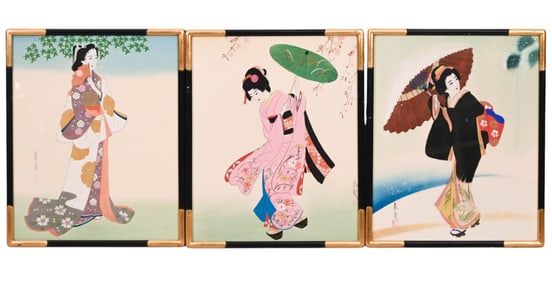 3 Signed Japanese Painting on Silk of Geishas