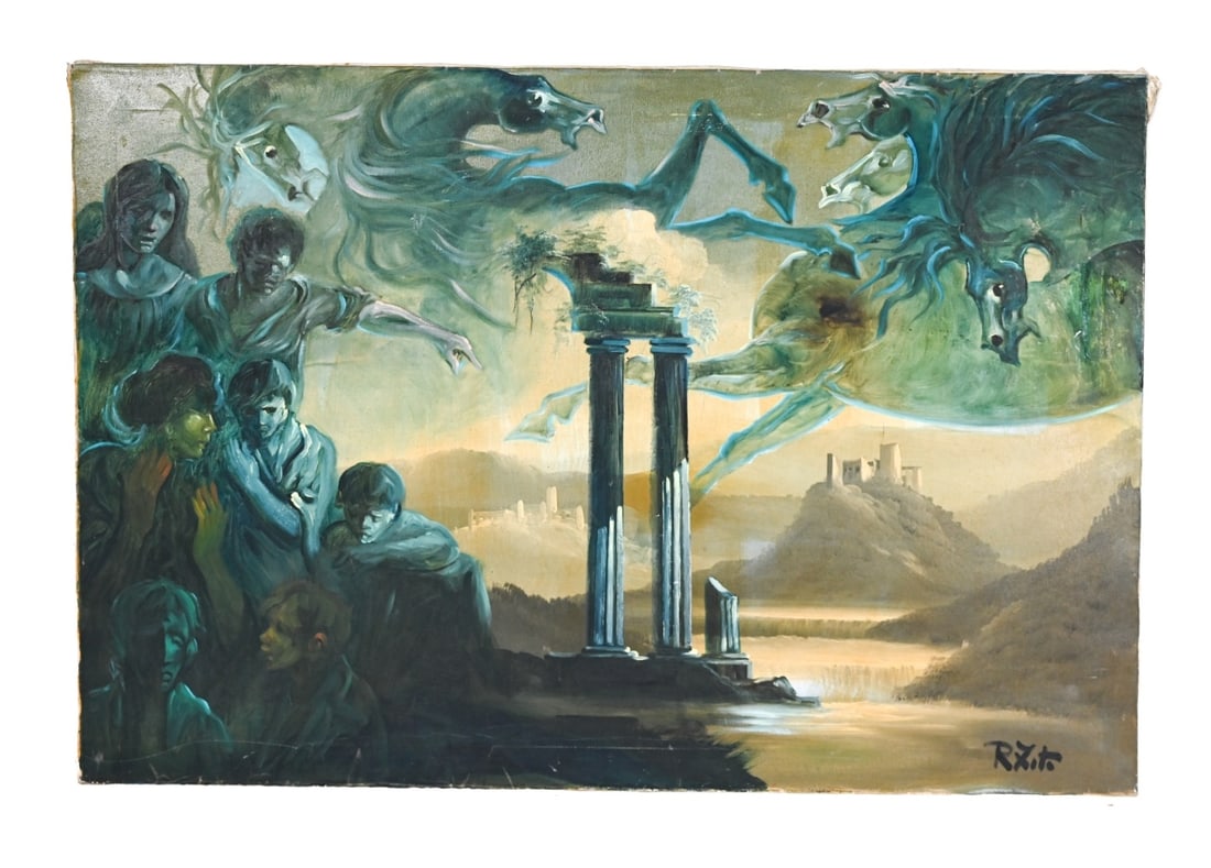 Rodolpho Zito Signed Oil Painting The Apocalypse: Rodolpho Zito, Italian 1934 - 1995, Signed Oil Painting Titled 4 Horses of the Apocalypse, Unframed. There is a small tear in the middle right side of the canvas. Canvas measures 29 inches x 42 inches