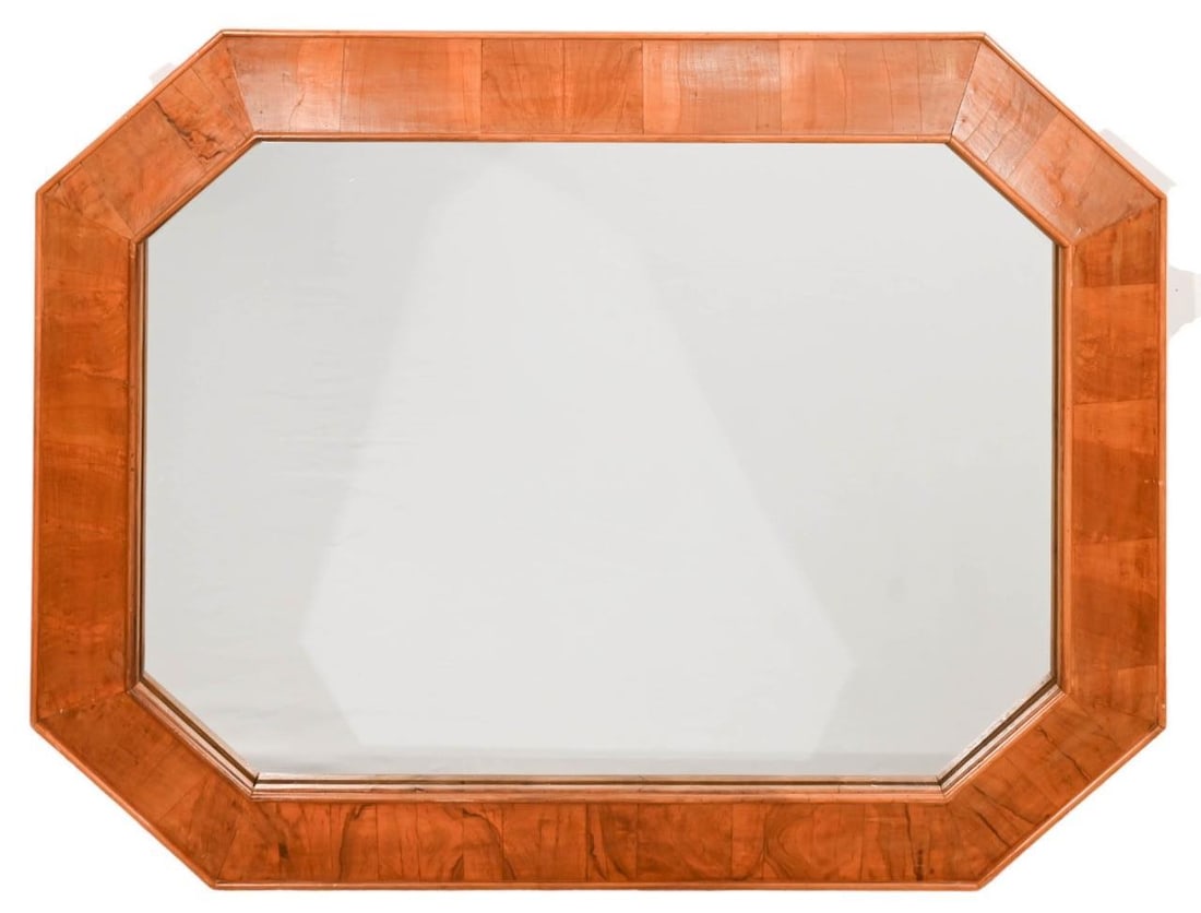 Octagonal Burl Beveled Wood Wall Mirror: Octagonal Burl Beveled Wood Wall MirrorMeasures 38 inches x 49 inches x 2 inches.
