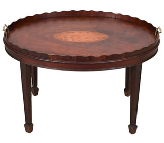 Solid Mahogany Wood Inlay Oval Tea Tray Table