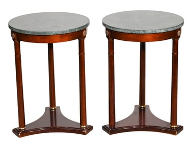 Pair Empire Tripod Marble Top Side Tables