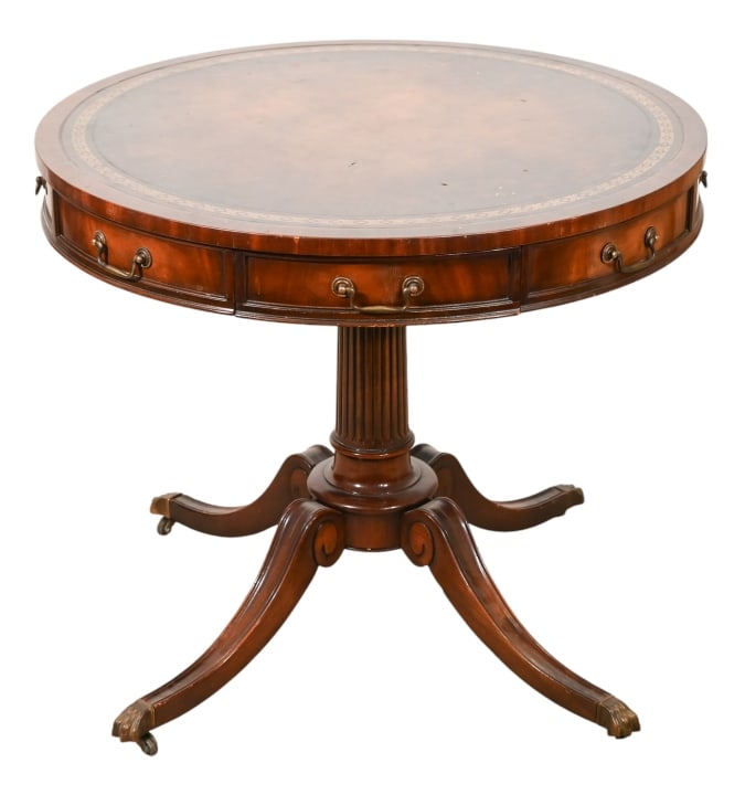 Federal Style Carved Leather Top Drum Table: Federal Style Hand Carved Leather Top Drum Table with One Drawer.Need refurbishing , missing one handle.Measures 28 inches x 32 inches diameter.