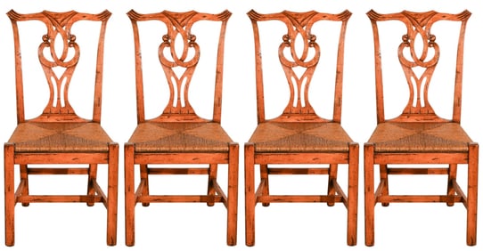 4 Reclaimed Cherry Carved Rush Seat Side Chairs