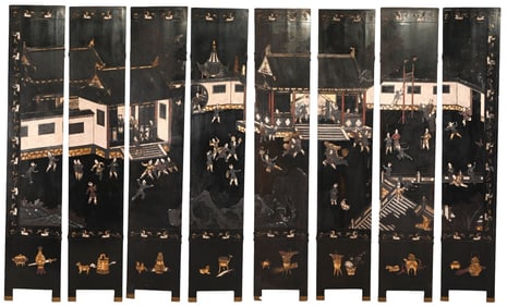 Chinese 8 Black Lacquered Panel Coromandel Screen