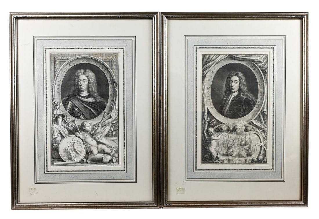 2 18th C Kneller & Houbraken Engraved Portraits: 2 18th Century G. Kneller & J. Houbraken Engraved Portraits of Lord Torrington and George Byng in Period Frames. Measures 24 inches x 18 inches.