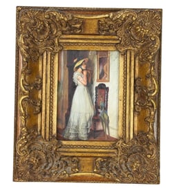 Victorian Style Oil Painting Woman in Blue Bonnet