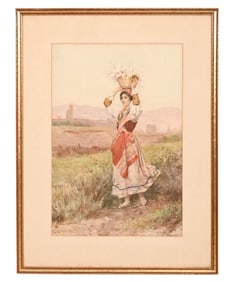Luigi Olivetti Signed Water Color Woman w Basket