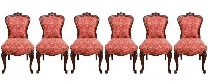 6 Victorian Style Carved Upholstered Dining Chairs
