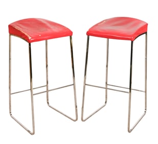 Pair Contemporary Leather Chrome Base Bar Stools
