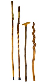 4 Natural Wood Hand Carved Walking Sticks