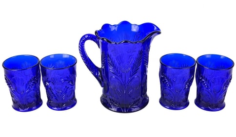 Antique Blue Glass Scottish Thistle Pattern Set
