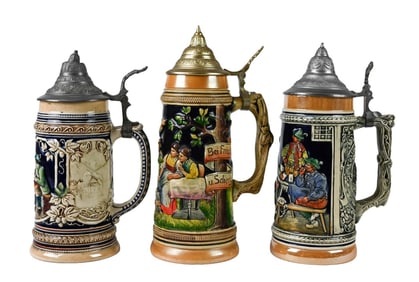 3 Antique 11 Inch German Ceramic Beer Steins