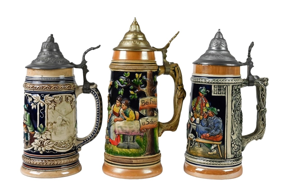 3 Antique 11 Inch German Ceramic Beer Steins (1 of 5)