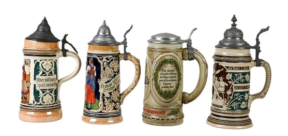 4 Antique 10 Inch German Ceramic Beer Steins