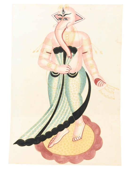 Kalighat Pat Ganesha Watercolor on Paper (1 of 12)