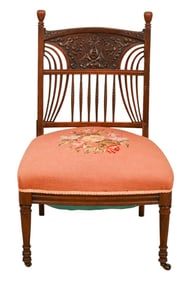 Antique Victorian Carved Needlepoint Accent Chair