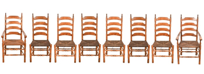 8 Antique Carved Rush Seat Ladder Back Chairs