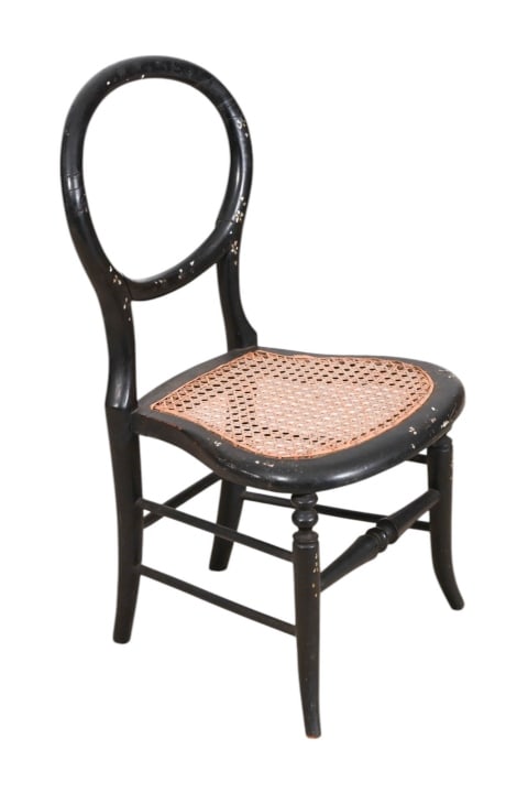 Antique Kid's Wicker Chair w/ Pearl Inlay: Antique Kid's Wicker Chair w/ Pearl Inlay(Repaired Top, Pearl Missing)Measures 24 inches x 13 inches x 13 inches seat height 12 inches.