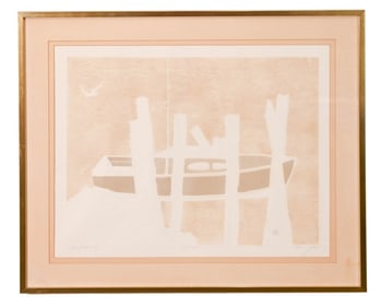Signed 1978 Woodblock Titled San Pedro I of Boat