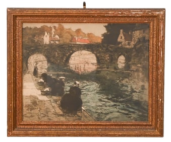 Frits Thaulow Colored Etching of Washerwomen