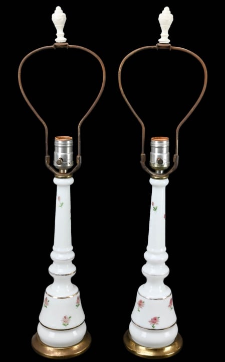 Pair Antique Hand Painted Milk Glass Table Lamps: Pair Antique Hand Painted Milk Glass Table Lamps. Each measures 24 inches x 5 inches in diameter.