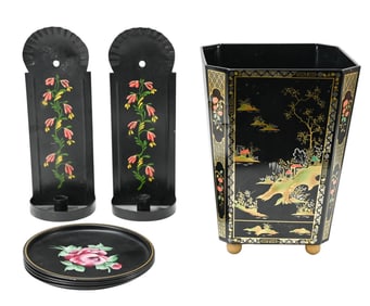Vintage Tole Trash Can, Candle Holders, 4 Trays