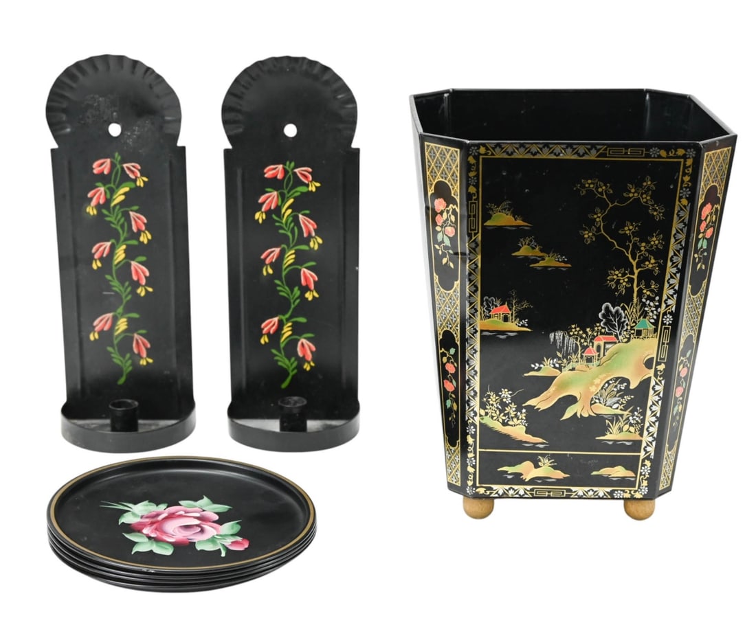 Vintage Tole Trash Can, Candle Holders, 4 Trays (1 of 12)