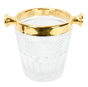 Vintage Cut Glass Ice Bucket w Gold Tone Metal Rim