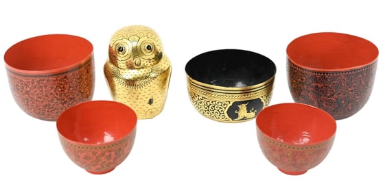6 Burmese Hand Painted Lacquer Ware Pieces