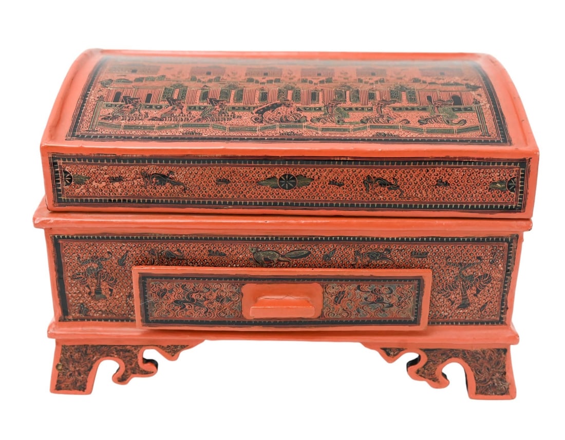 Burmese Lacquer Hand Painted Jewelry Box: Burmese Lacquer Hand Painted Jewelry Box. Measures 8 inches x 12 inches x 8 inches.