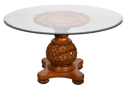 Pineapple Base Round Glass Top Dining Table: Hand Carved Pineapple Base Round Glass Top Dining Table.Measures 31 inches x 55 inches diameter.