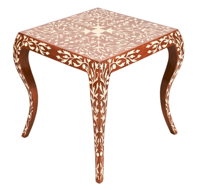 Anglo Indian Teak Bone Inlay Side Table: Anglo Indian Teak Bone Inlay Square Top Side Table. Inlay continues into the curvaceous form legs.Measures 27 inches x 27 inches square.