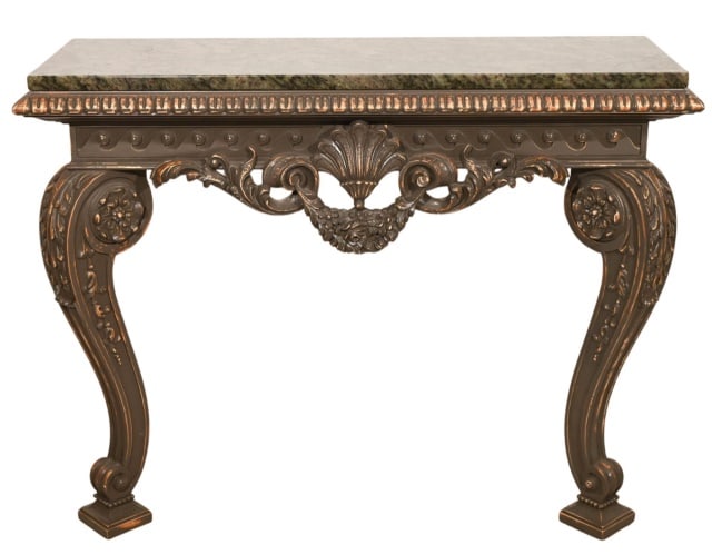 Italian Regency Carved Painted Marble Top Table: Italian Regency Hand Carved Wood Hand Painted and Gilt Marble Top Console Table. Please note that there is a scratch on the top surface as shown in photos. Sold as is.Measures 37 inches x 46 inches x